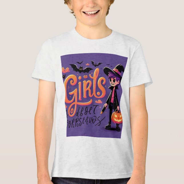 Camiseta Triblenda Chica de Halloween en camiseta con traje de bruja  (Anverso)