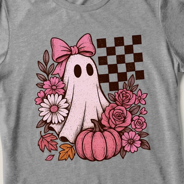 Camiseta Triblenda Chica fantasma de coqueta rosa retro con Bow Hallo (This coquette ghost retro Halloween design combines floral sweetness with spooky spirit.)