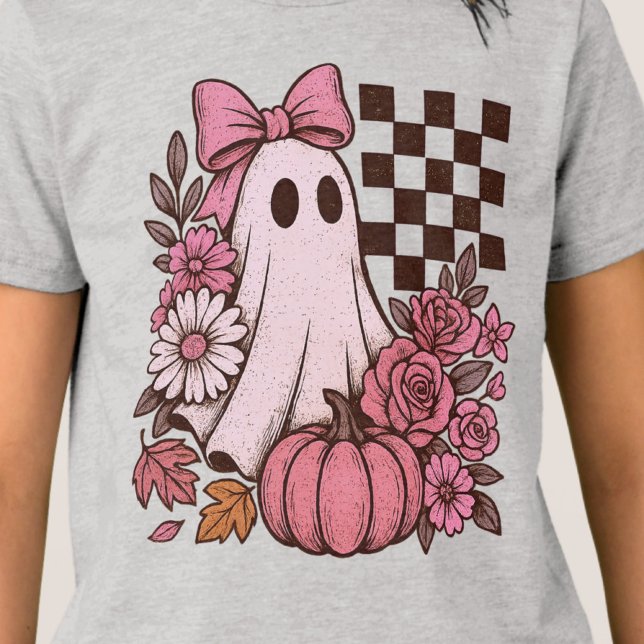 Camiseta Triblenda Chica fantasma de coqueta rosa retro con Bow Hallo (This coquette ghost retro Halloween design combines floral sweetness with spooky spirit.)