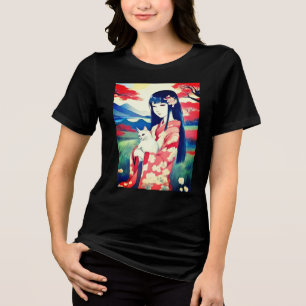 Camiseta Triblenda Chica japonés con gato blanco