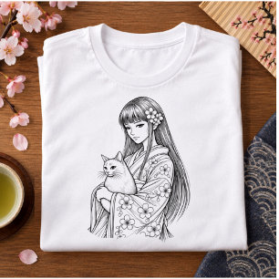 Camiseta Triblenda Chica japonesa con un gato blanco