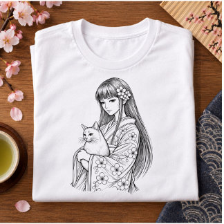 Camiseta Triblenda Chica japonesa con un gato blanco