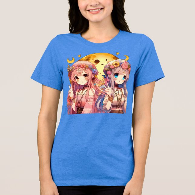 Camiseta Triblenda Chicas de la Luna Hippie, Chica anime, dan un sign (Anverso)