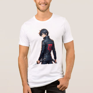 Camiseta Triblenda Chico Anime Genial con Espada y Chaqueta Negra en