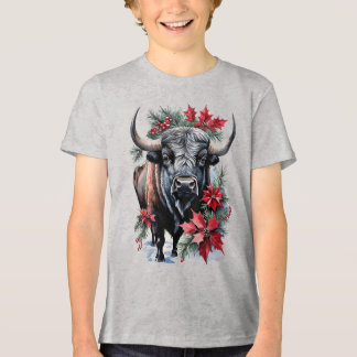 Camiseta Triblenda Christmas Bison With Big Horns And Poinsettias