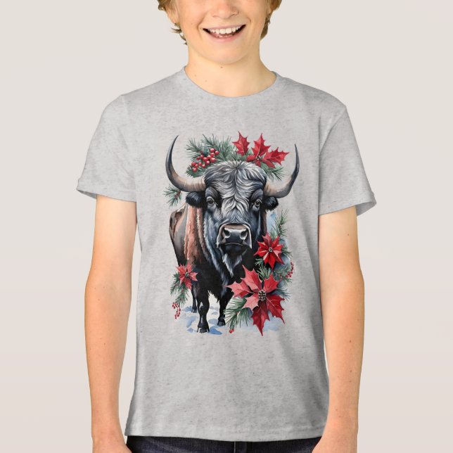 Camiseta Triblenda Christmas Bison With Big Horns And Poinsettias (Anverso)