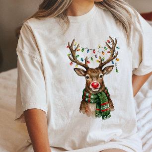 Camiseta Triblenda Ciervo de Acuarela Adorable con Luces de Navidad