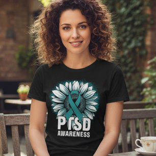 Camiseta Triblenda Cinta de Girasol Azul Teal de Conciencia del TEPT