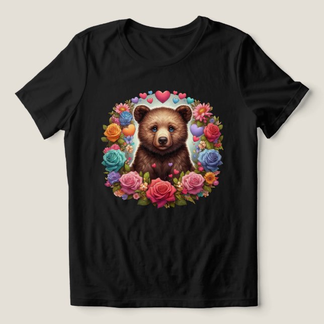 Camiseta Triblenda Club de oso rodeado de Rosas y corazones (Diseño delantero )