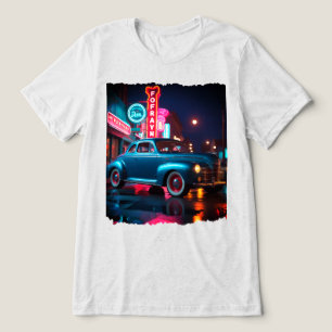 Camiseta Triblenda Coche Clásico de los Años 40 bajo Luces de Neón
