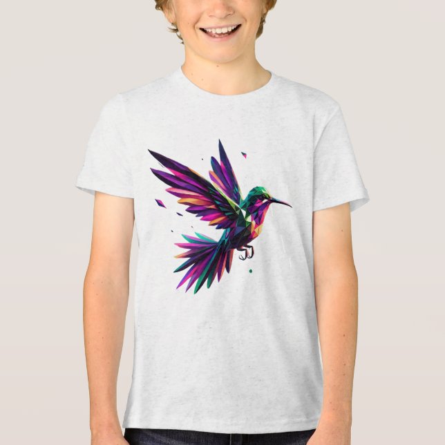 Camiseta Triblenda Colibrí Arcoíris Geométrico – Arte Moderno Vibrant (Anverso)