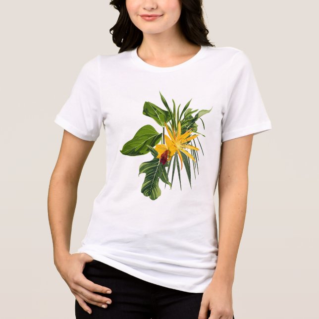 Camiseta Triblenda Composición de palmas tropicales y flores. (Anverso)