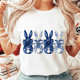 Camiseta Triblenda Conejo de Pascua Chinoiserie Azul Blanco Floral Pa
