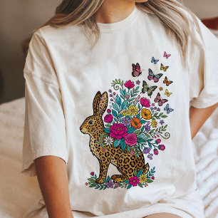 Camiseta Triblenda Conejo Floral de Estampado de Leopardo con Maripos