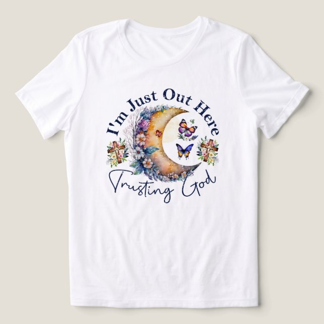 Camiseta Triblenda Confiando en Dios, Luna, Flores y Mariposas (Diseño delantero )
