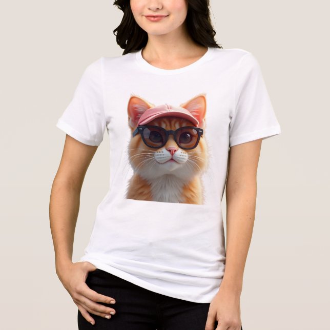 Camiseta Triblenda Cool orange cat wearing sunglasses and a pink base (Anverso)