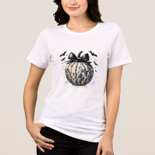 Camiseta Triblenda Coquettish Disco Ball Pumpkin Black Bow Tri-Blend