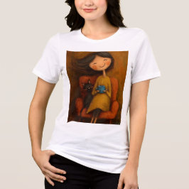 Camiseta Triblenda Cozy Girl with Black Cat and Coffee- Whimsical tee