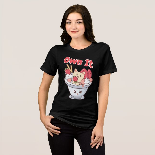 Camiseta Triblenda Crema de hielo propia con gato y fresas kawaii (Anverso Completo)