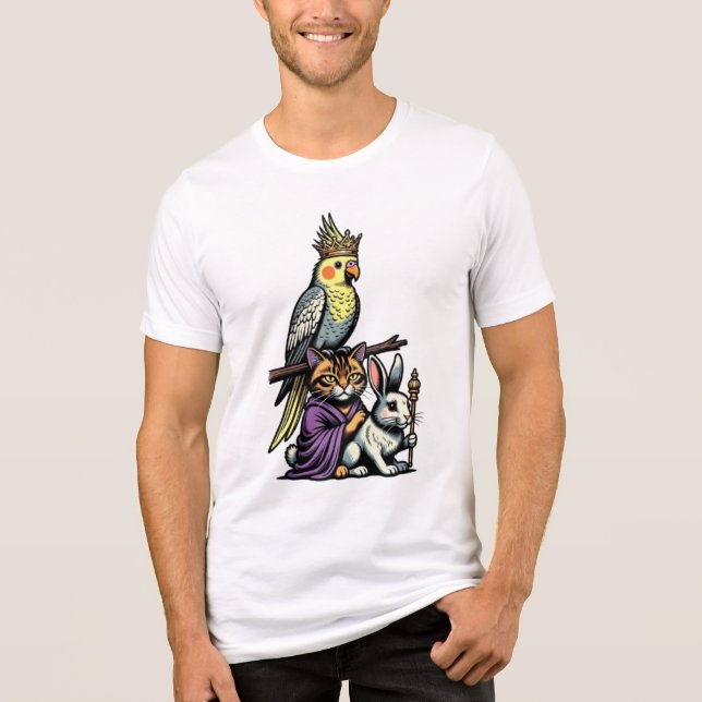 Camiseta Triblenda Crowned Cockatiel, Tabby Cat & Angora Rabbit, Funn (Anverso)