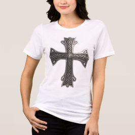 Camiseta Triblenda Cruz Celta de Plata Ornamentada con Intrincado Pat