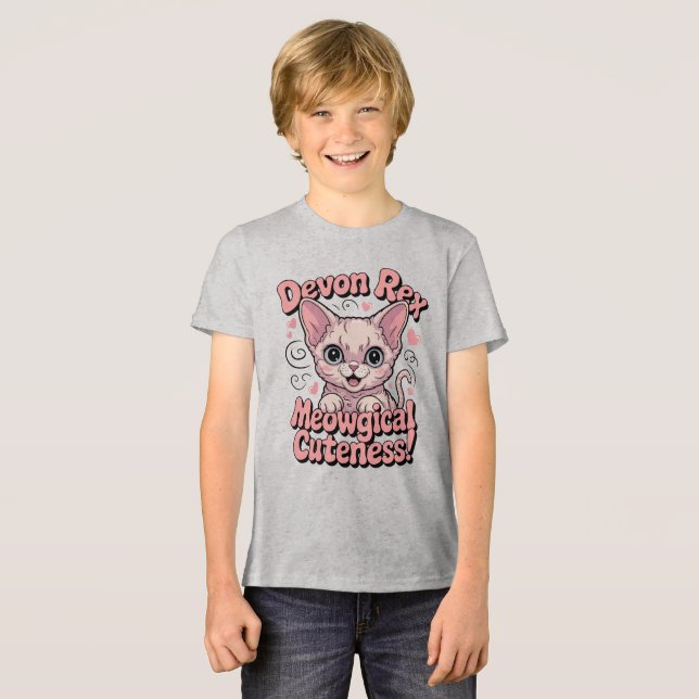 Camiseta Triblenda Cuidados meowgicos - Gato Kawaii Devon Rex (Anverso Completo)
