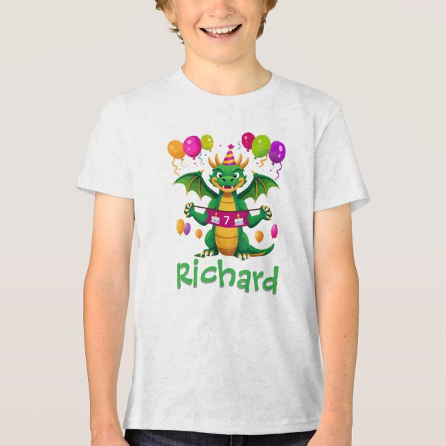 Camiseta Triblenda Cumpleaños personalizado del dragón con nombre par (Anverso)