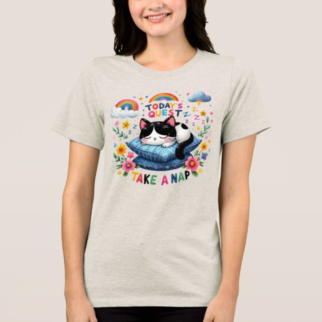 Camiseta Triblenda 🐱 curiosa próxima búsqueda tome una siesta de gat (Anverso)