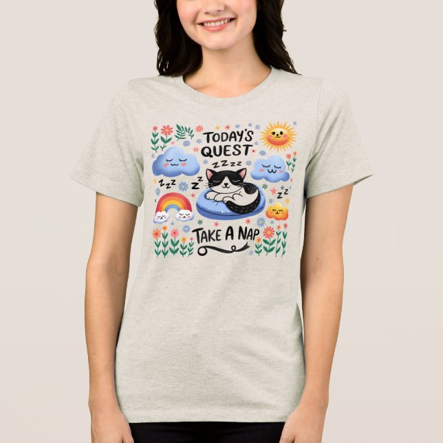 Camiseta Triblenda 🐱 curiosa próxima búsqueda tome una siesta de gat (Anverso)