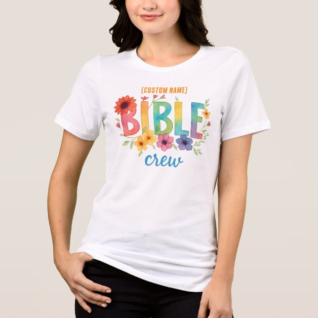 Camiseta Triblenda Custom Bible Crew - Rainbow Floral Christian Team (Anverso)