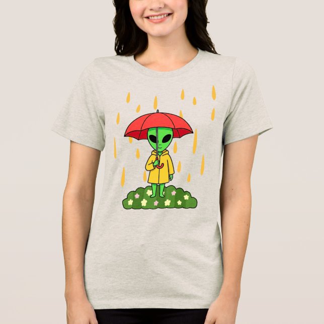 Camiseta Triblenda Cute Alien With Umbrella in Rain Space Character (Anverso)