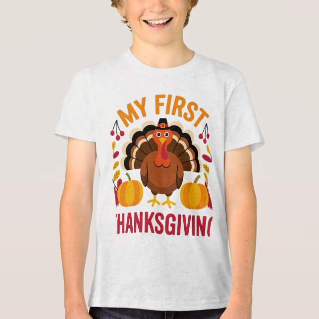 Camiseta Triblenda Cute Baby “My First Thanksgiving” Turkey Design  (Anverso)