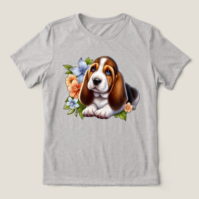 Camiseta Triblenda Cute Basset Hound Puppy Sentado con Flores (Diseño delantero )