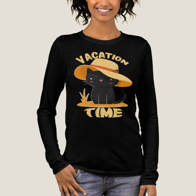 Camiseta Triblenda Cute Black Cat in Sun Hat – Vacation Time (Anverso)