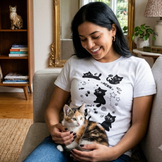 Camiseta Triblenda Cute Black Cats Doodles Pattern Kawaii Meow