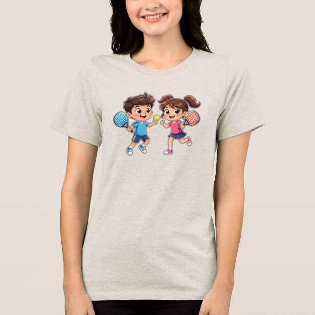 Camiseta Triblenda Cute Cartoon Boy and Girl Playing Padel Tennis – F (Anverso)