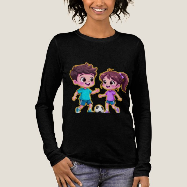 Camiseta Triblenda Cute Cartoon Boy and Girl Playing Soccer Together  (Anverso)