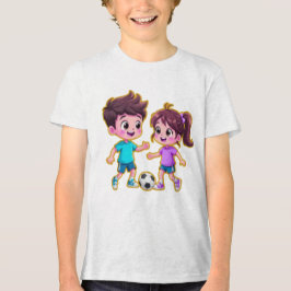 Camiseta Triblenda Cute Cartoon Boy and Girl Playing Soccer Together 