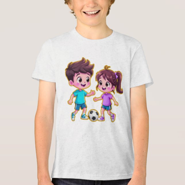 Camiseta Triblenda Cute Cartoon Boy and Girl Playing Soccer Together  (Anverso)