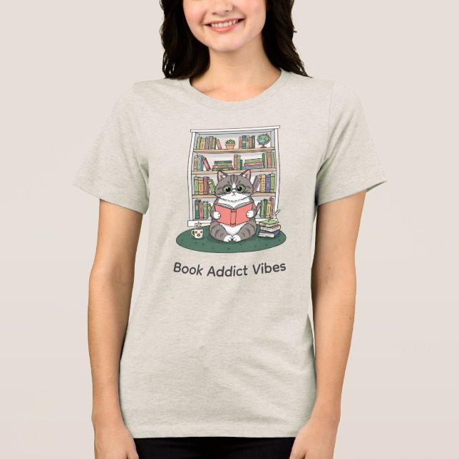 Camiseta Triblenda Cute Cat Reading Book Cozy Tea Time Graphic (Anverso)