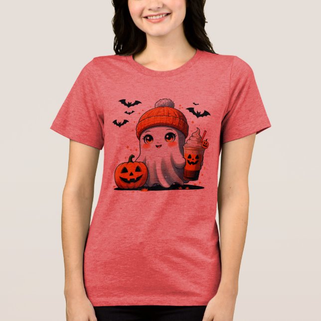 Camiseta Triblenda Cute Chibi Ghost with Beanie and Iced Coffee - Aut (Anverso)