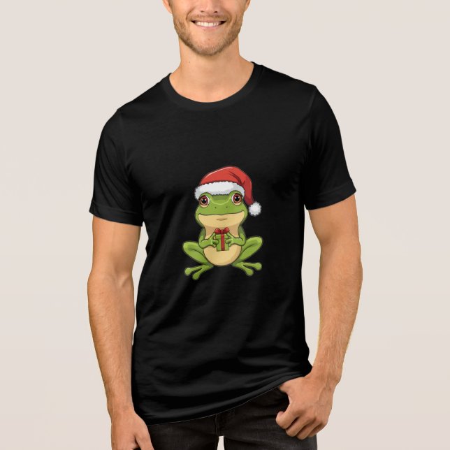 Camiseta Triblenda Cute Christmas Frog with Santa Hat Holding  Gift - (Anverso)