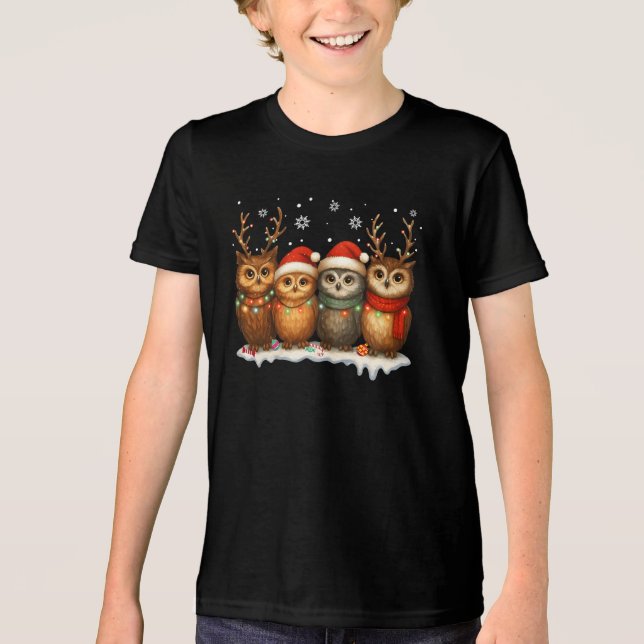 Camiseta Triblenda Cute Christmas Owls with Santa Hats & Reindeer  (Anverso)