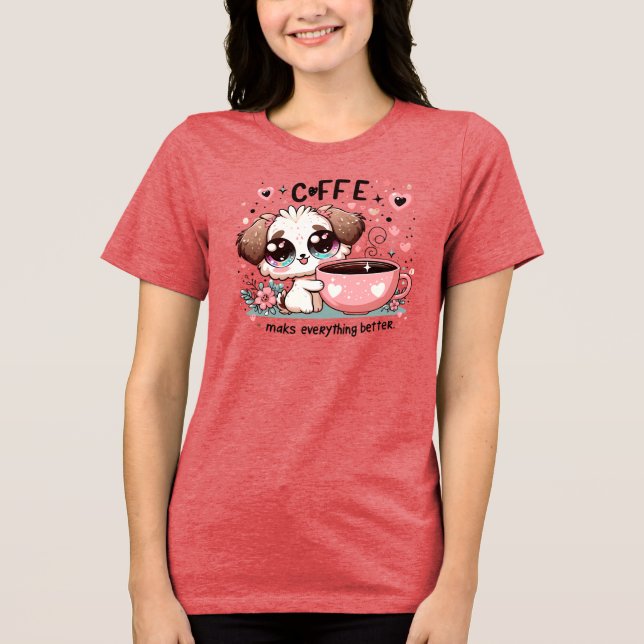 Camiseta Triblenda Cute Coffee Puppy Flowers Kawaii Art Gift (Anverso)