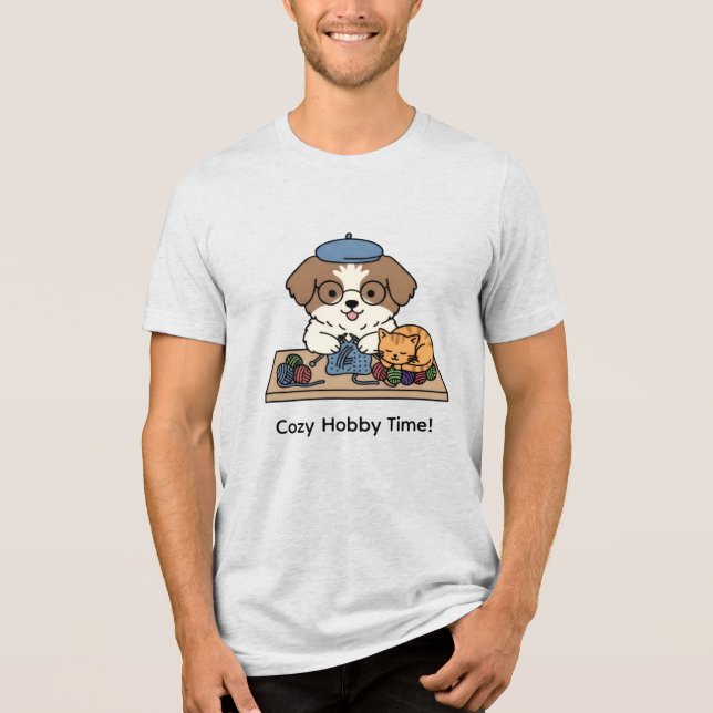 Camiseta Triblenda Cute Dog and Cat Knitting Together Graphic Design (Anverso)
