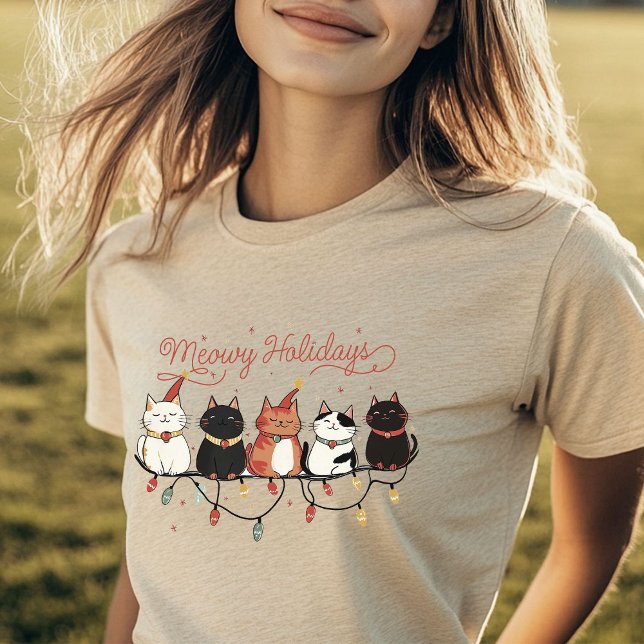 Camiseta Triblenda Cute Gatos Meowy Holidays Navidades Luces Diversió (Subido por el creador)