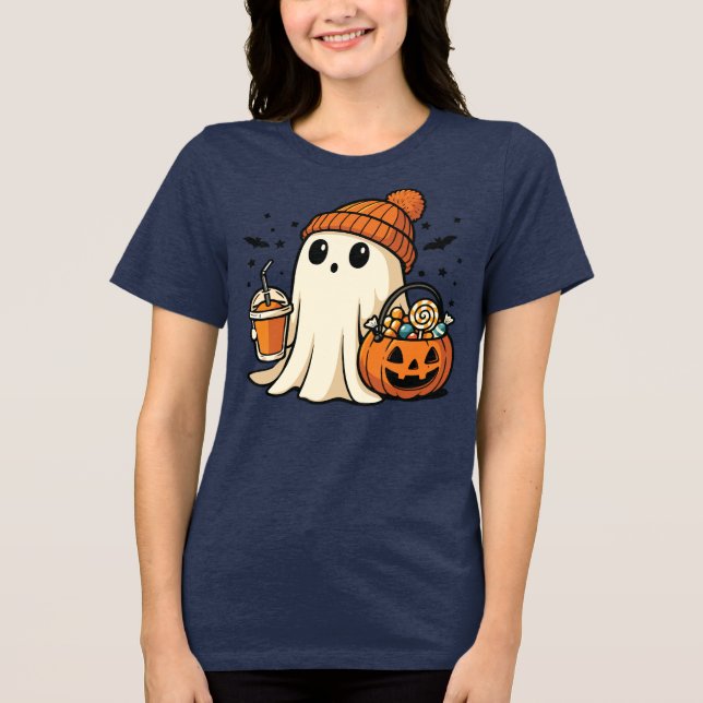 Camiseta Triblenda Cute Ghost with Candy & Pumpkin Drink (Anverso)