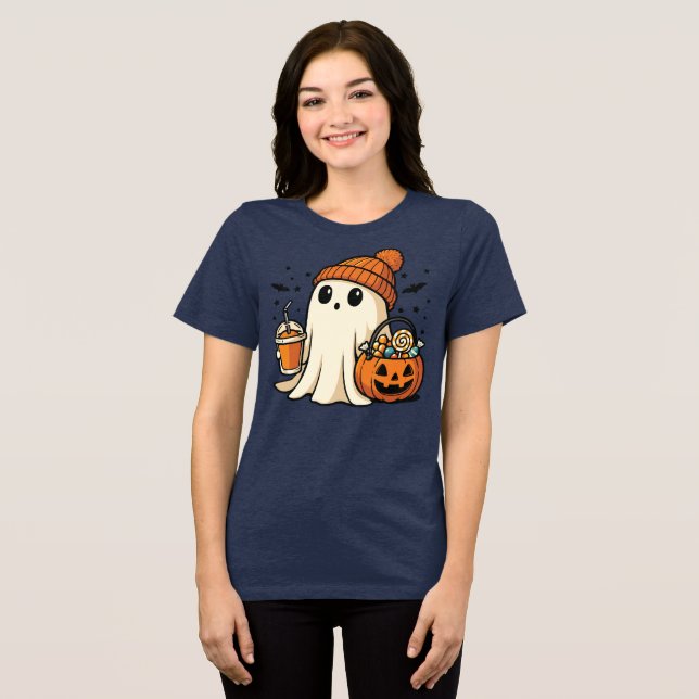 Camiseta Triblenda Cute Ghost with Candy & Pumpkin Drink (Anverso Completo )