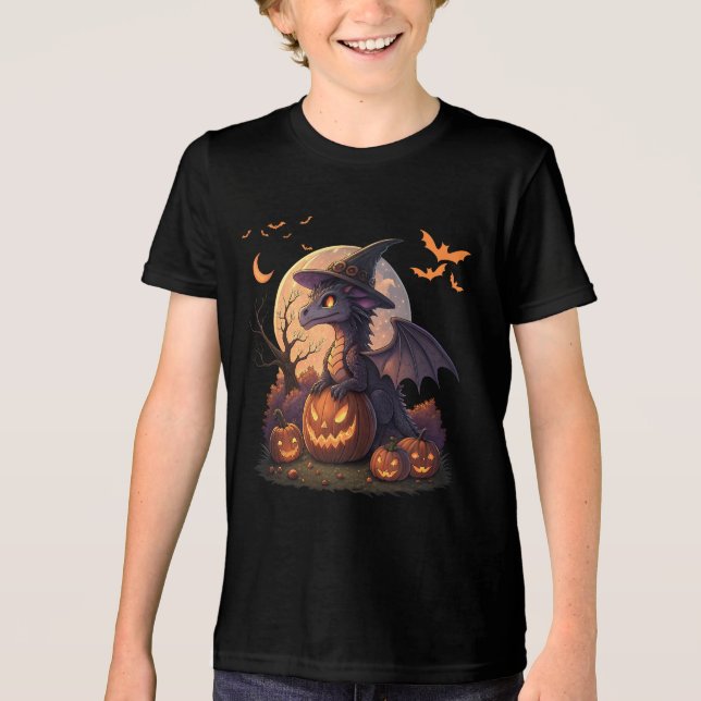 Camiseta Triblenda Cute Halloween Dragon Witch Hat Pumpkin Moon  (Anverso)