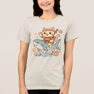 Camiseta Triblenda Cute Japanese Kawaii Samurai Cat Riding Shark